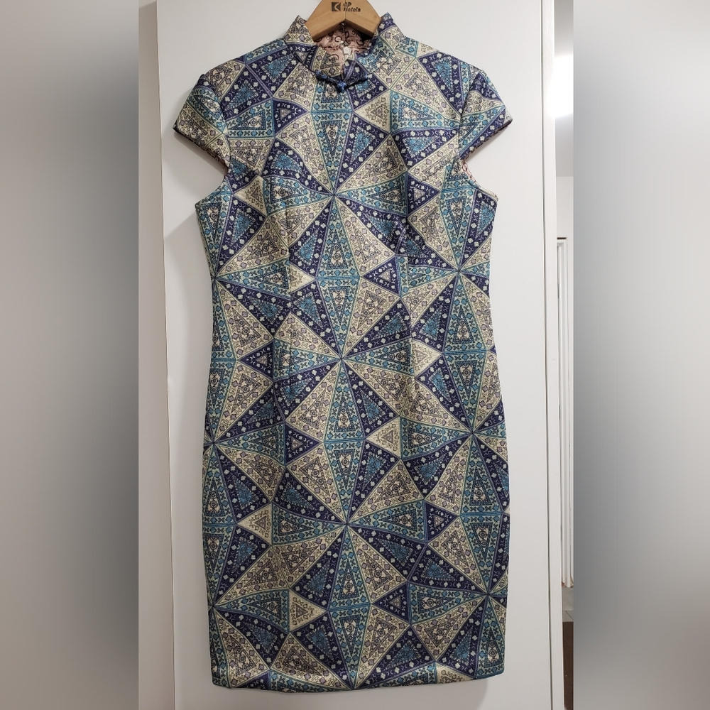 Geometric Blue and Cream Dress